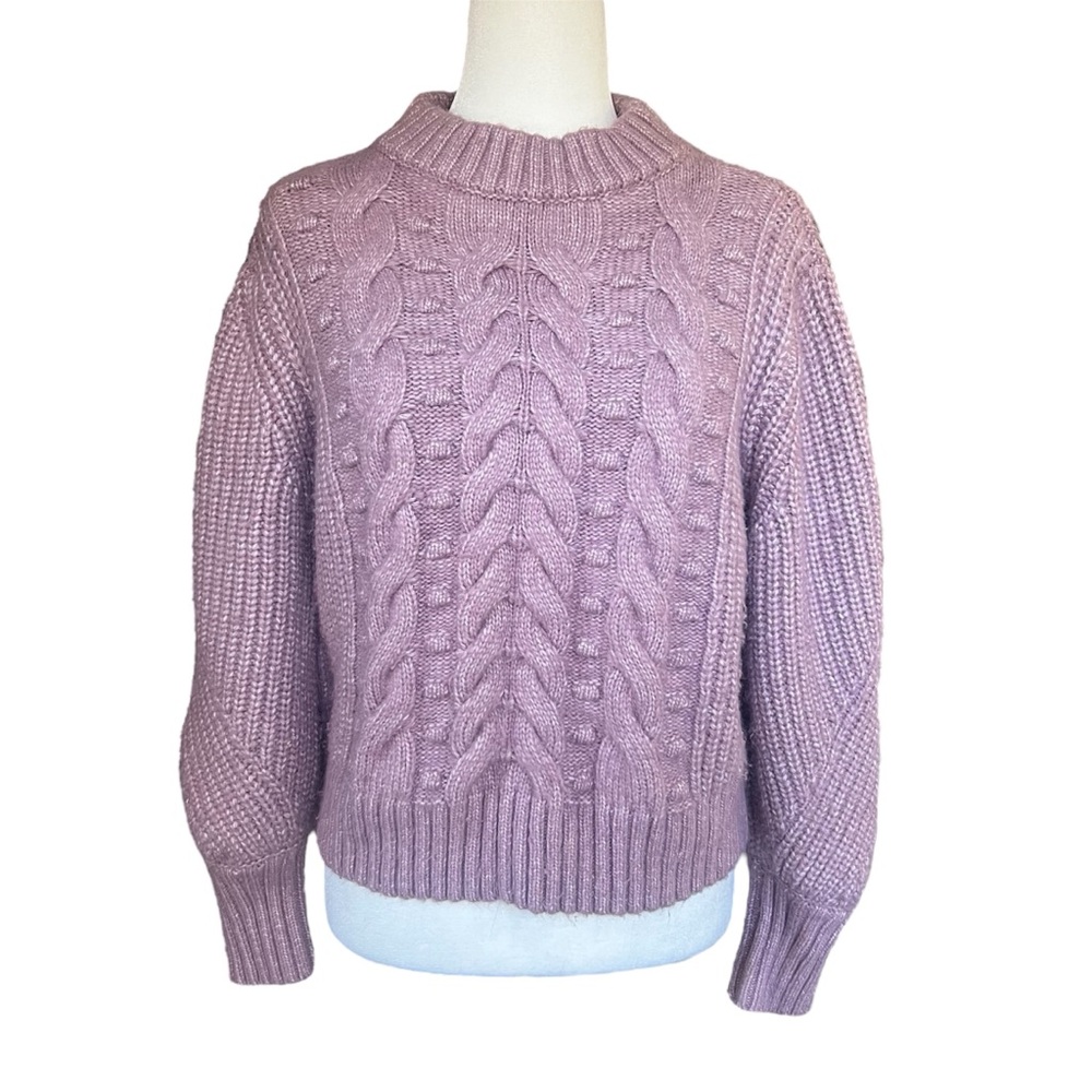 A New Day chunky fuzzy cable knit mock neck sweater bishop sleeves